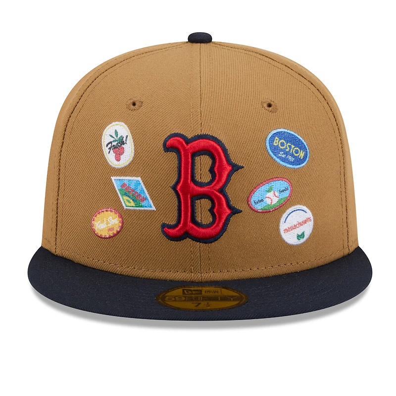 Men's New Era Tan Boston Red Sox Fruit Sticker 59FIFTY Fitted Hat