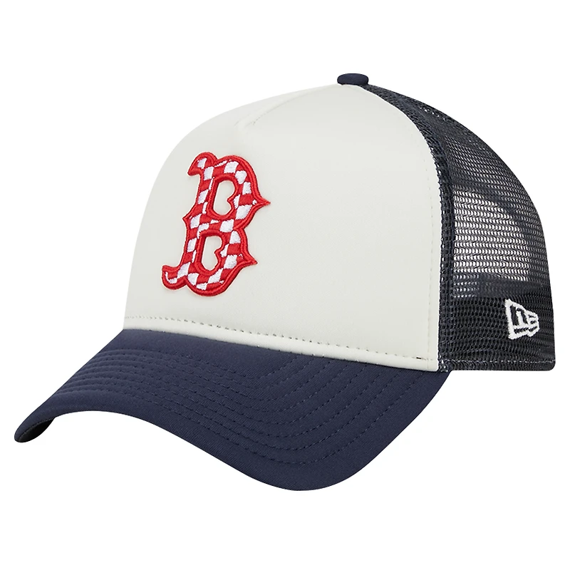 Casquette ajustable 9FORTY Trucker A-Frame New Era pour hommes, blanc/bleu marine, Boston Red Sox, drapeau à damier
