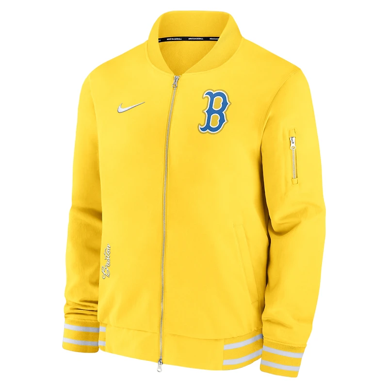 Veste à fermeture éclair intégrale Game Time Bomber Nike Gold Boston Red Sox City Connect Authentic Collection pour homme