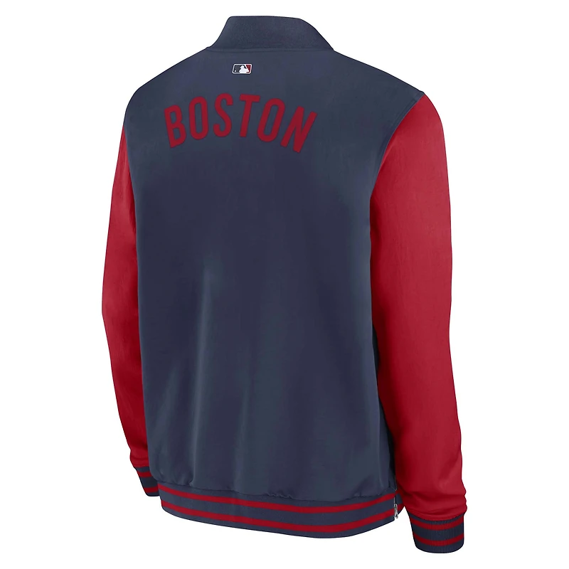 Veste aviateur Nike bleu marine/rouge Boston Red Sox Authentic Collection Dugout pour homme, coupe décontractée, entièrement zippée
