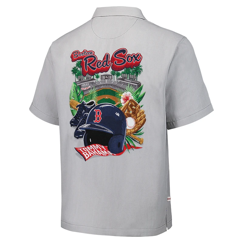 Men's Tommy Bahama Gray Boston Red Sox Hit and Run Silk Camp Button-Up Shirt