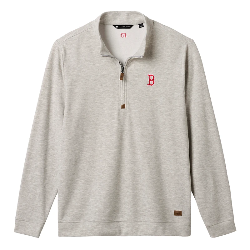 Pull-over TravisMathew pour homme, gris chiné, Boston Red Sox Cloud Home Game, col zippé, en mélange de trois matières.