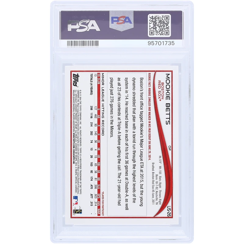 Carte de recrue authentifiée 9 PSA #US-26 de Mookie Betts des Boston Red Sox 2014 Topps Update Batting Red Hot Foil
