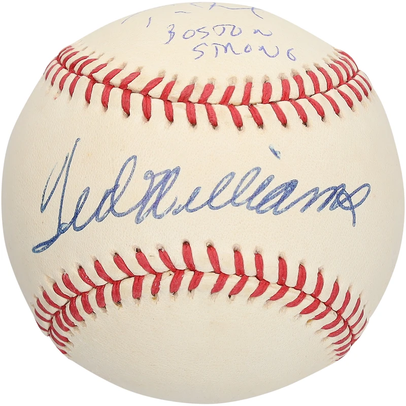 Balle de baseball autographiée par Tom Brady et Ted Williams avec l'inscription « Boston Strong