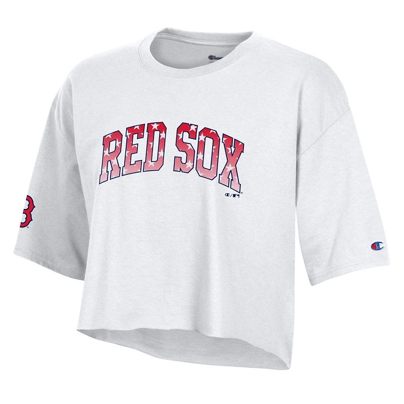 Women's Champion White Boston Red Sox Boyfriend Cropped Americana T-Shirt