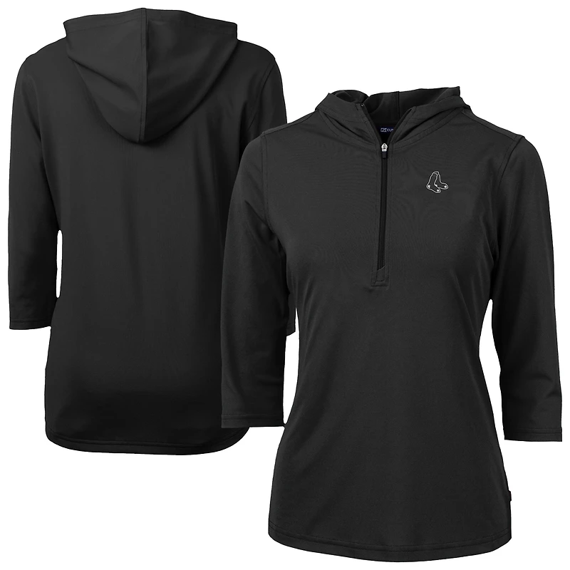 Women's Cutter & Buck Black Boston Red Sox Virtue Eco Pique Half-Zip 3/4 Sleeve Pullover Hoodie
