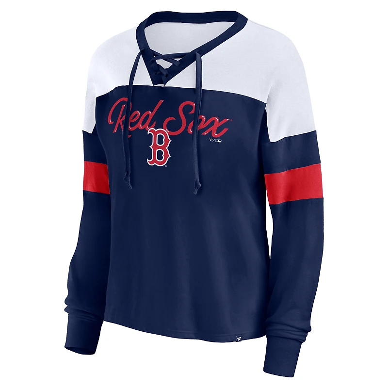 T-shirt Fanatics pour femmes, bleu marine/blanc, Boston Red Sox, Even Match, à lacets, manches longues, col en V