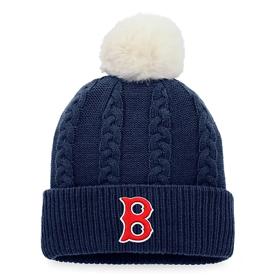 Bonnet en tricot à revers torsadé Fanatics pour femmes, bleu marine, Boston Red Sox, avec pompon