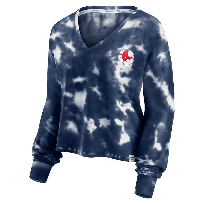 Women's Fanatics White/Navy Boston Red Sox Tie-Dye V-Neck Pullover Cropped Tee