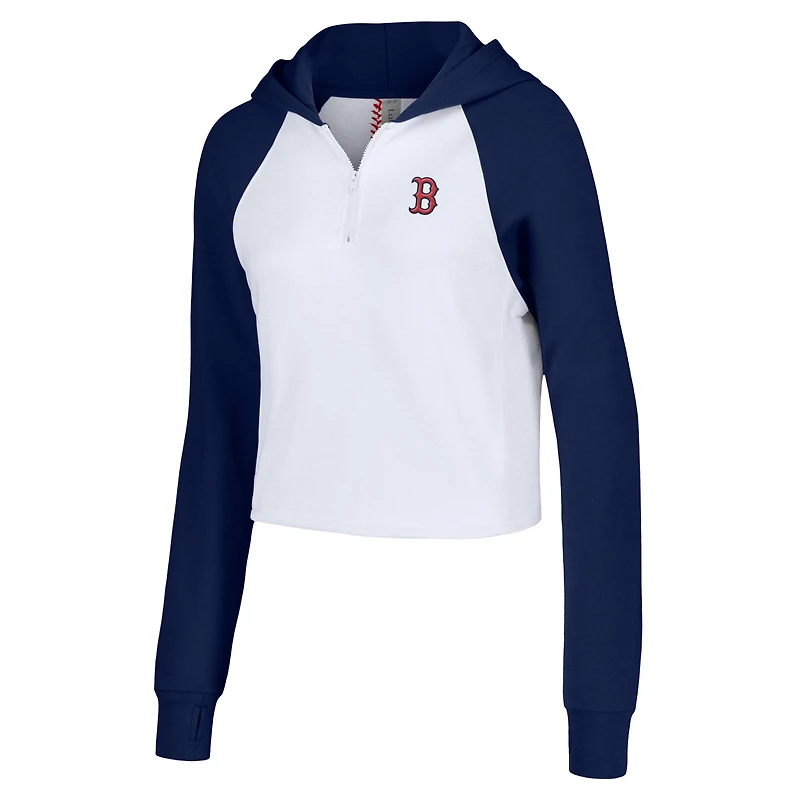 Women's Lusso White Boston Red Sox Jane Raglan Quarter-Zip Tri-Blend Cropped Pullover Hoodie