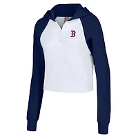 Women's Lusso White Boston Red Sox Jane Raglan Quarter-Zip Tri-Blend Cropped Pullover Hoodie