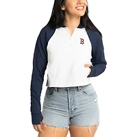 Women's Lusso White Boston Red Sox Jane Raglan Quarter-Zip Tri-Blend Cropped Pullover Hoodie