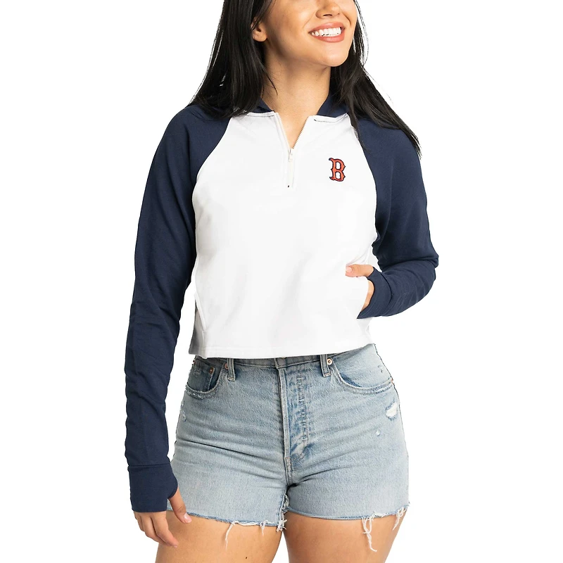 Women's Lusso White Boston Red Sox Jane Raglan Quarter-Zip Tri-Blend Cropped Pullover Hoodie