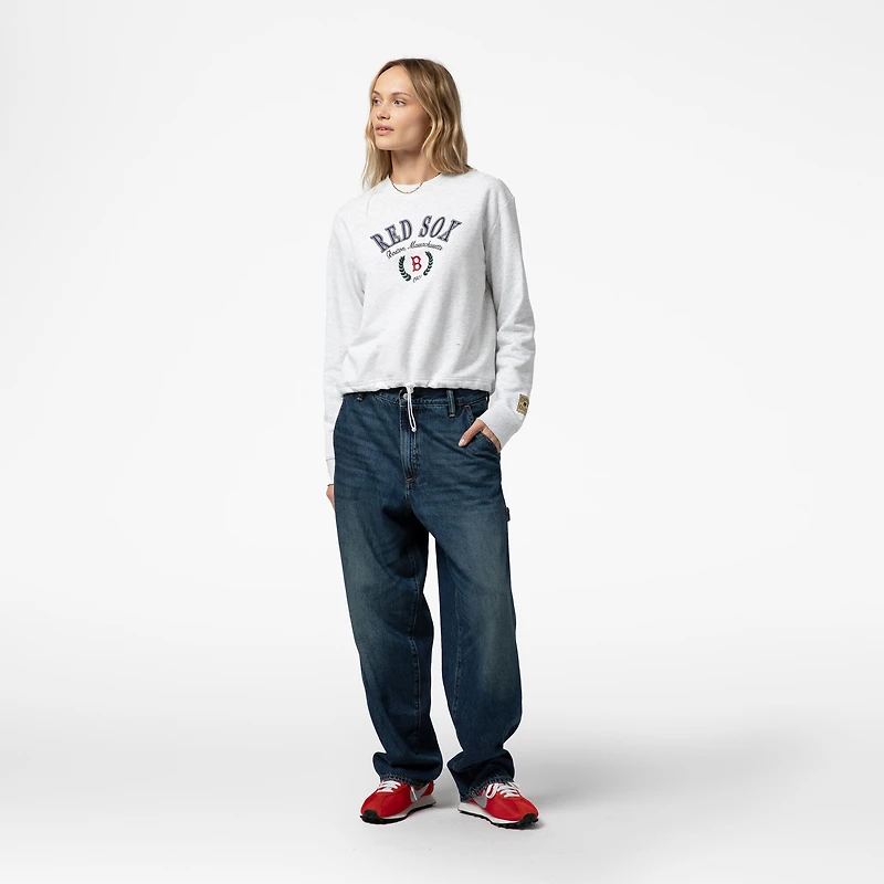 Women's Mitchell & Ness Heather Gray Boston Red Sox Cropped Toggle Pullover Sweatshirt