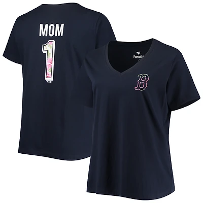T-shirt à col en V Boston Red Sox pour femme, grande taille, bleu marine, motif « Maman n° 1 » (2 coups sûrs)