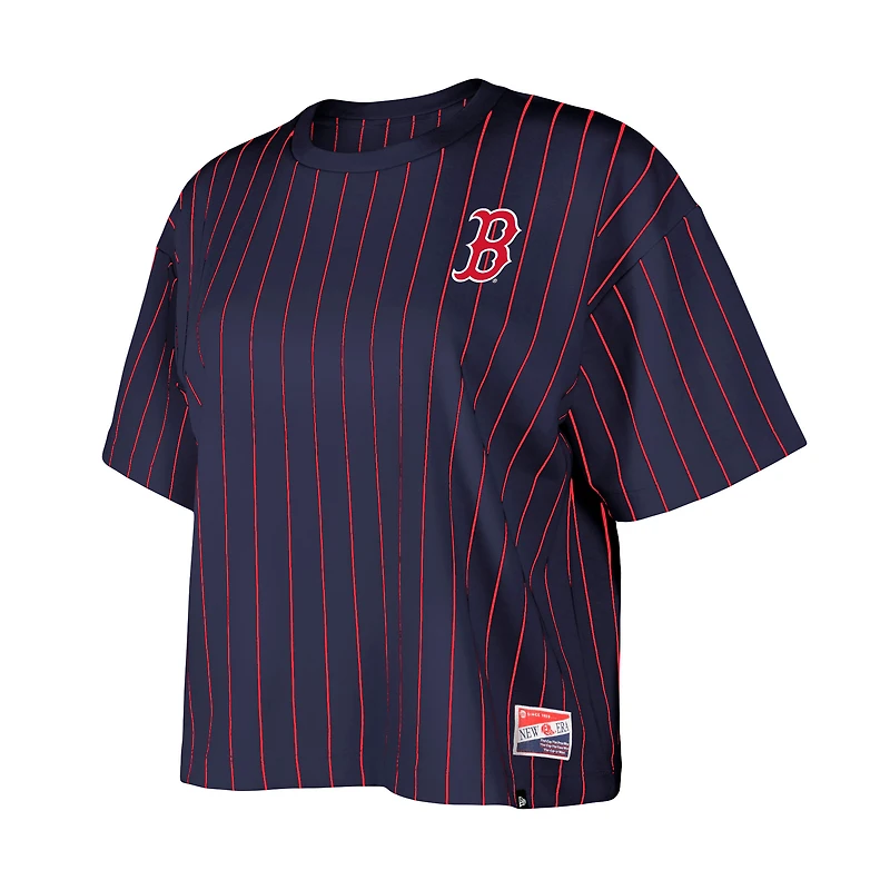 T-shirt boxy à fines rayures New Era pour femme, bleu marine, Boston Red Sox