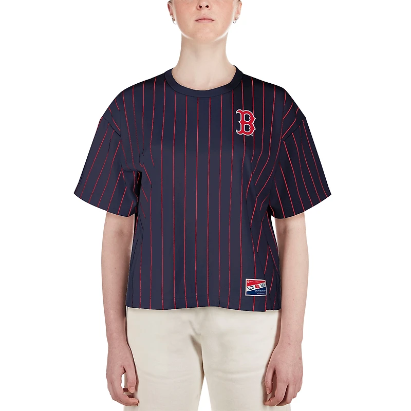 T-shirt boxy à fines rayures New Era pour femme, bleu marine, Boston Red Sox