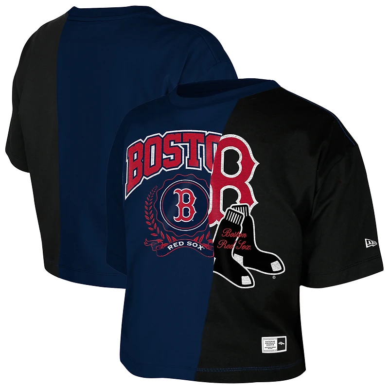 T-shirt court New Era bleu marine Boston Red Sox pour femme, style carré, recyclé et à blocs de couleurs.
