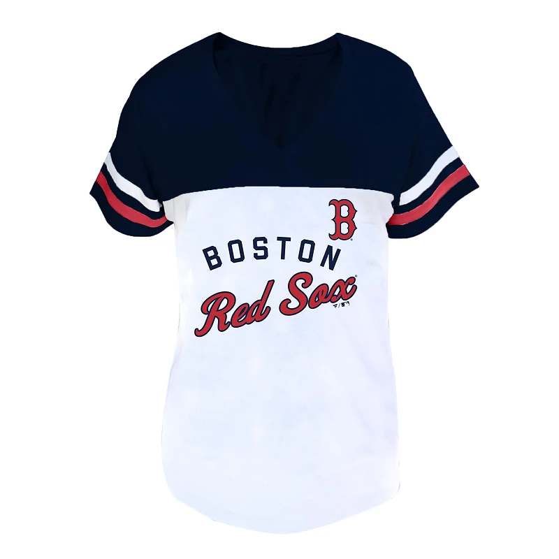 Women's Profile White/Navy Boston Red Sox Plus Two-Stripe V-Neck T-Shirt