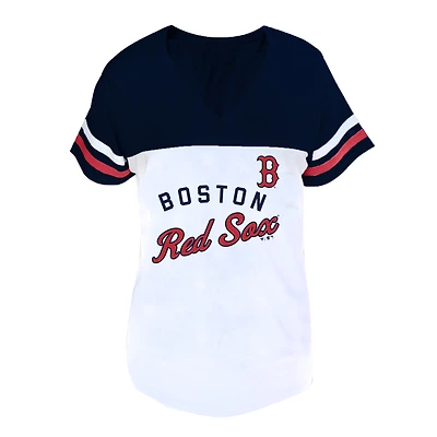 Profil femme T-shirt à col en V deux bandes blanc/marine Boston Red Sox grande taille