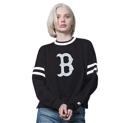 Women's Starter Black Boston Red Sox Rally Cropped Drop Shoulder Crewneck Sweatshirt