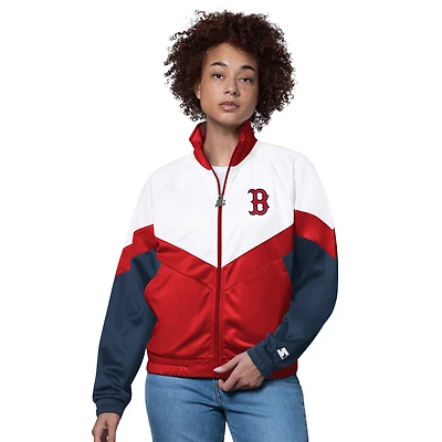 Veste de survêtement zippée à raglan blanche et rouge Starter pour femme, Boston Red Sox Teamwork.