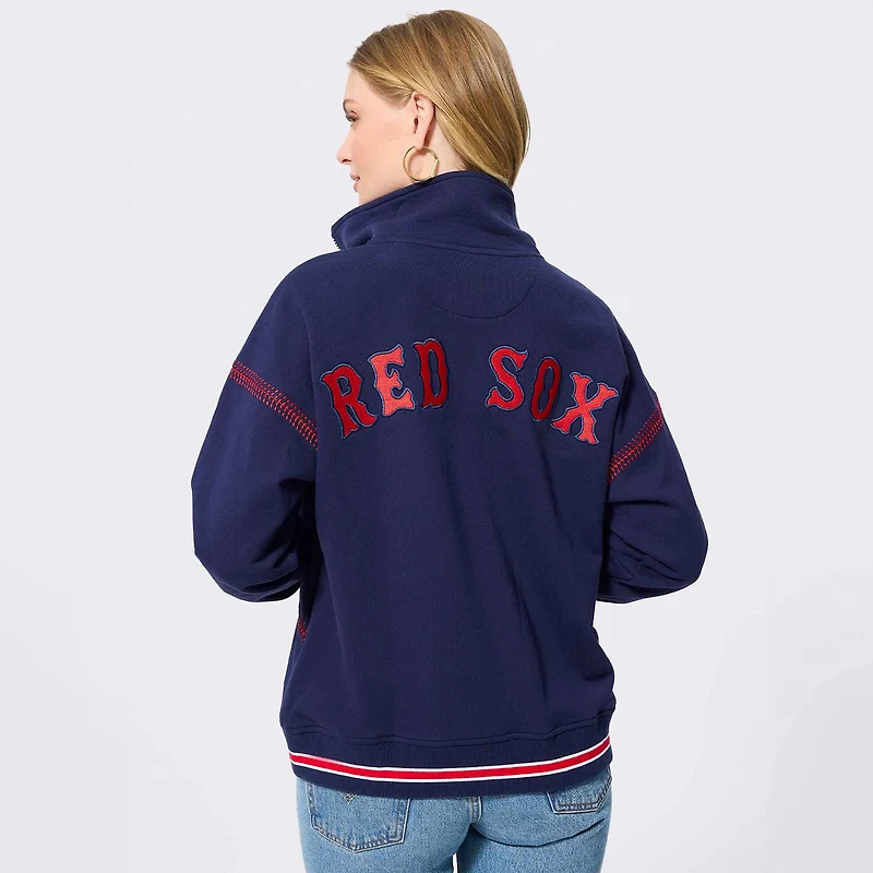 Women's Terez Navy Boston Red Sox Baseball Stitch Quarter-Zip Pullover