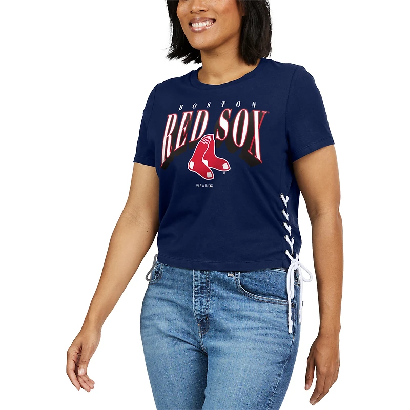 T-shirt court à lacets sur le côté WEAR by Erin Andrews pour femmes, bleu marine, Boston Red Sox