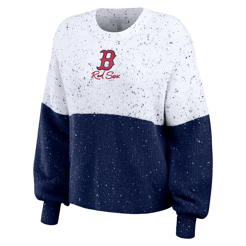 pull WEAR by Erin Andrews pour femmes, blanc/bleu marine, Boston Red Sox, à script color block