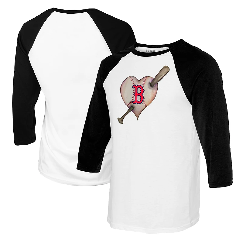 Youth Tiny Turnip White/Black Boston Red Sox Heart Bat Raglan 3/4 Sleeve T-Shirt