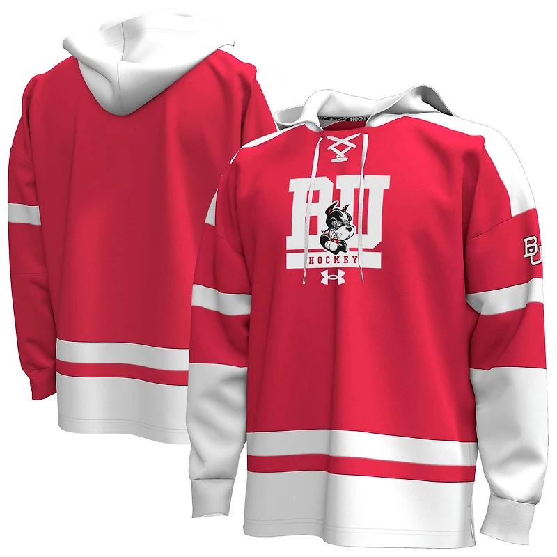 Sweat à capuche de hockey Under Armour rouge Boston University en polaire lacets pour homme