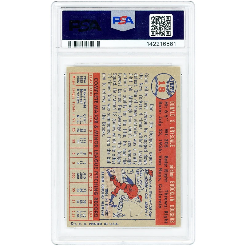 Don Drysdale Brooklyn Dodgers 1957 Topps #18 PSA Authenticated 4.5 Rookie Card
