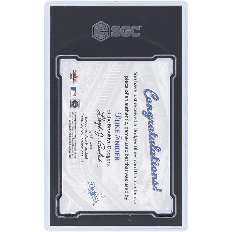 Duke Snider Brooklyn Dodgers 2001 Fleer Greats Of The Game Game Used Bat Relic #NNO SGC Authenticated 9.5 Card