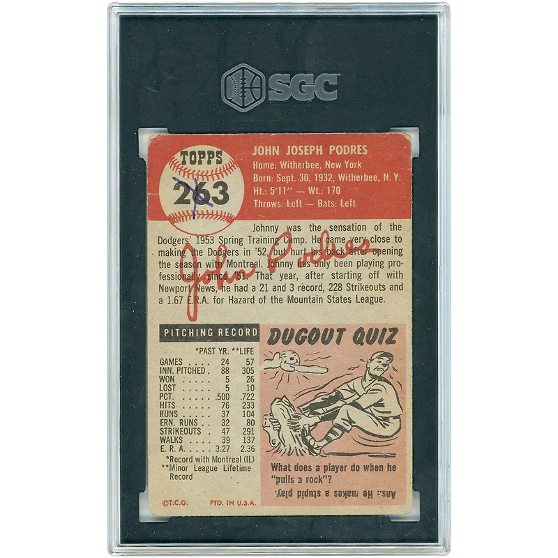 Johnny Podres Brooklyn Dodgers 1953 Topps #263 SGC Authenticated 1 Rookie Card