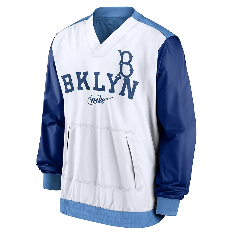 Veste pull-over d'échauffement Nike pour homme, blanche et bleu clair, Los Angeles Dodgers Rewind, col en V