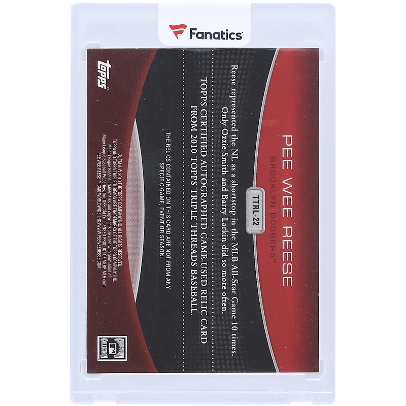 Pee Wee Reese Brooklyn Dodgers 2010 Topps Triple Threads Multi Relic Red #TTRL-22 #19/36 Card