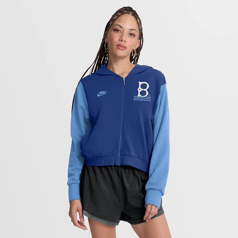 Sweat à capuche court zippé Nike pour femme, bleu royal/bleu clair, Brooklyn Dodgers, collection Cooperstown