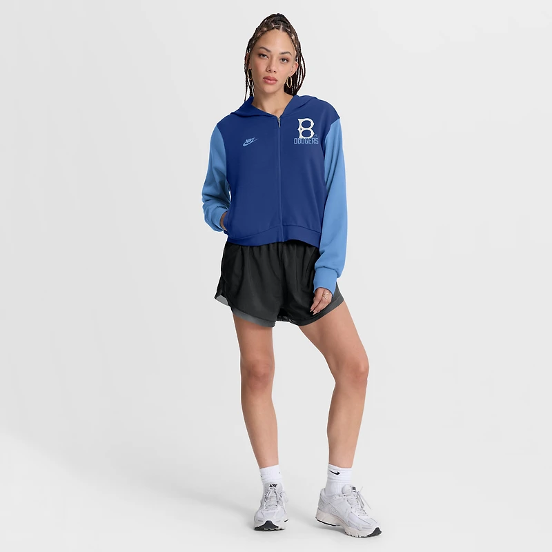 Sweat à capuche court zippé Nike pour femme, bleu royal/bleu clair, Brooklyn Dodgers, collection Cooperstown