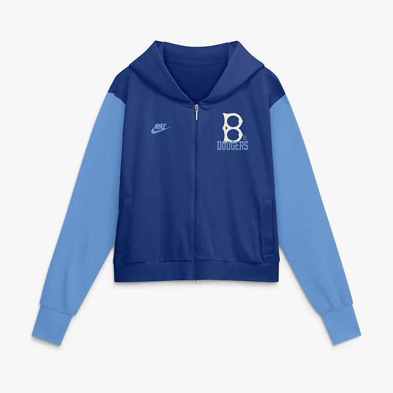 Sweat à capuche court zippé Nike pour femme, bleu royal/bleu clair, Brooklyn Dodgers, collection Cooperstown