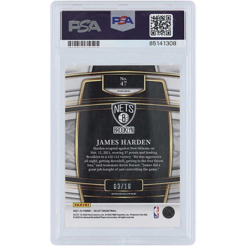 James Harden Brooklyn Nets 2021 Panini Select Gold Disco #47 #3/10 PSA Authenticated 10 Card