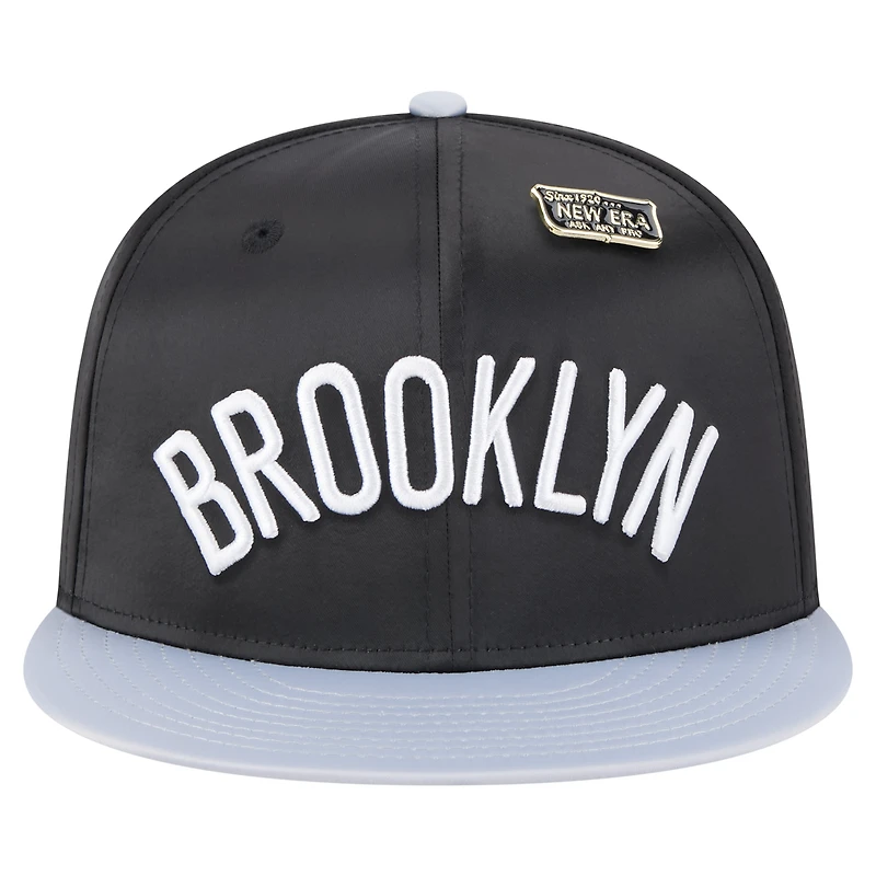 Men's New Era  Black/Gray Brooklyn Nets Throwback Satin Vintage Pin Two-Tone 59FIFTY Fitted Hat