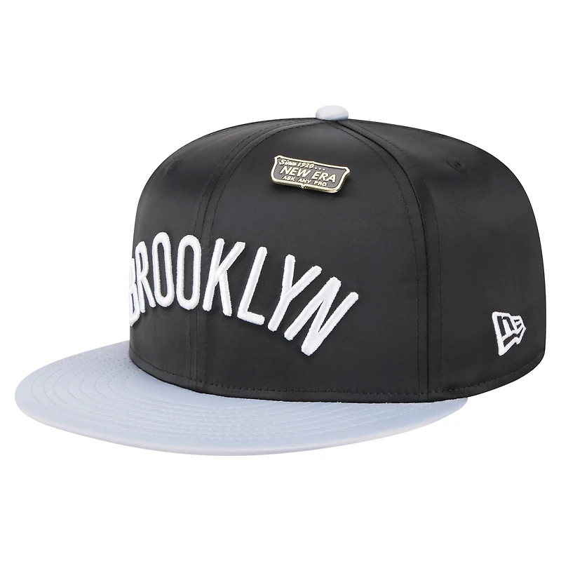 Men's New Era  Black/Gray Brooklyn Nets Throwback Satin Vintage Pin Two-Tone 59FIFTY Fitted Hat