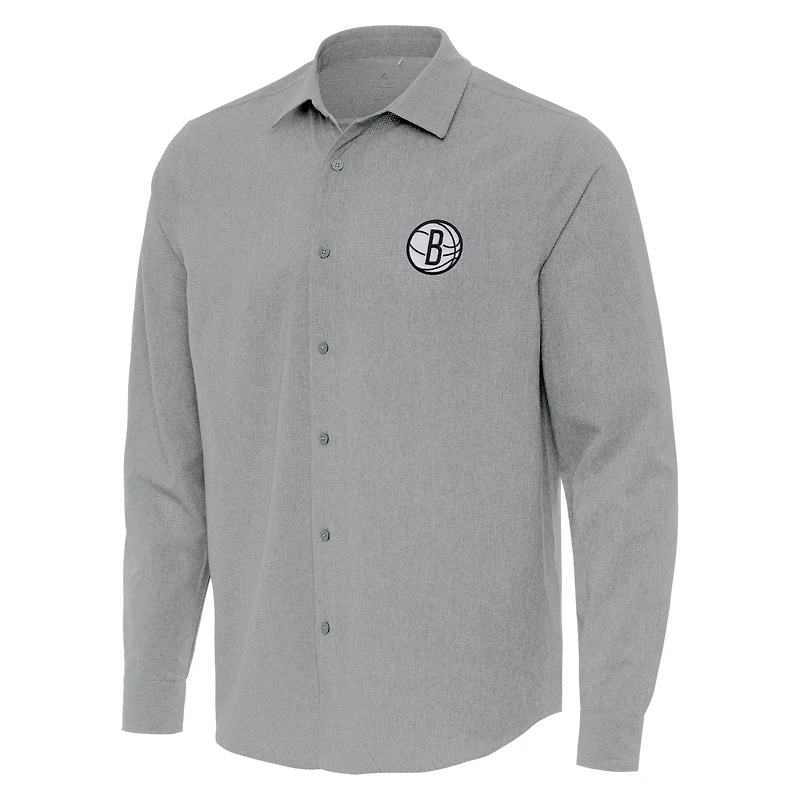 Men's Antigua Gray Brooklyn Nets Exposure Woven Long Sleeve Button-Up Shirt
