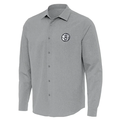 Men's Antigua Gray Brooklyn Nets Exposure Woven Long Sleeve Button-Up Shirt