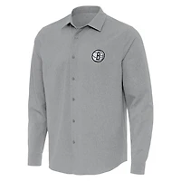 Men's Antigua Gray Brooklyn Nets Exposure Woven Long Sleeve Button-Up Shirt