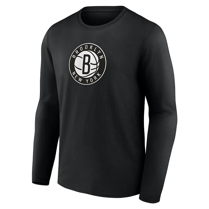 T-shirt à manches longues noir pour homme avec logo principal des Brooklyn Nets