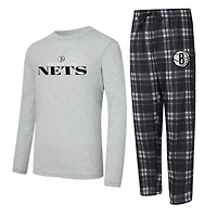 Ensemble t-shirt à manches longues et pantalon carreaux noir/gris chiné Brooklyn Nets pour homme Concepts Sport
