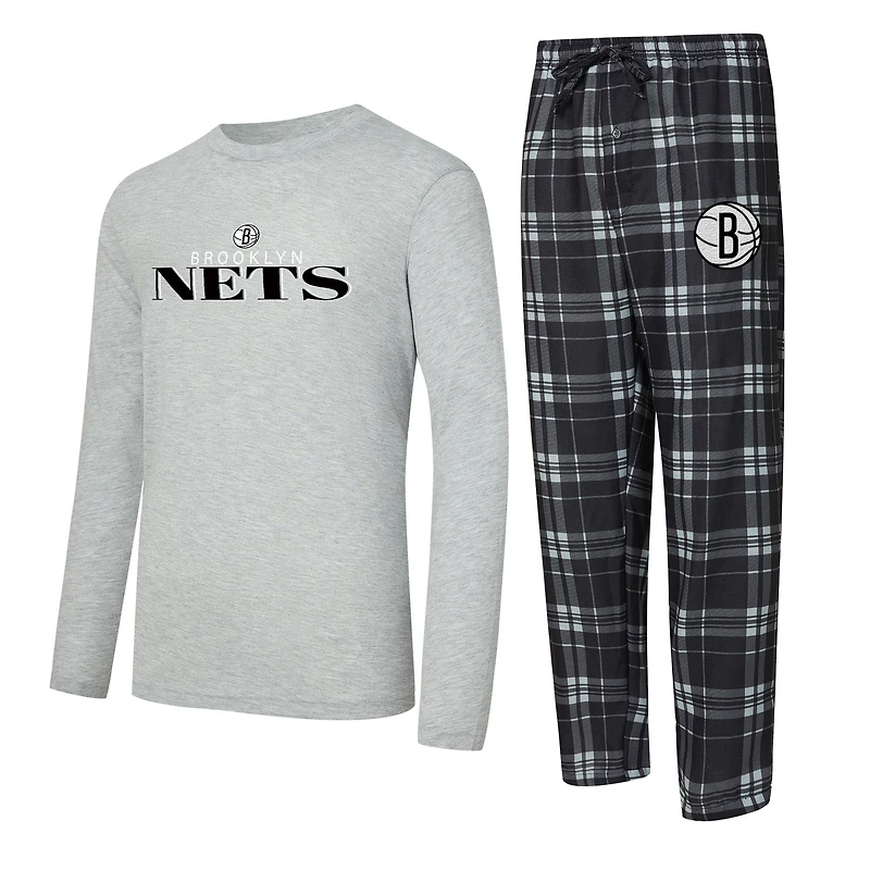 Men's Concepts Sport Black/Heather Gray Brooklyn Nets Regulate Long Sleeve T-Shirt & Plaid Pant Set