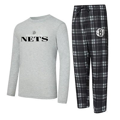 Men's Concepts Sport Black/Heather Gray Brooklyn Nets Regulate Long Sleeve T-Shirt & Plaid Pant Set