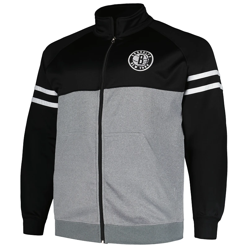 Men's Fanatics Black/Heather Gray Brooklyn Nets Big & Tall Pieced Stripe Raglan Full-Zip Track Jacket